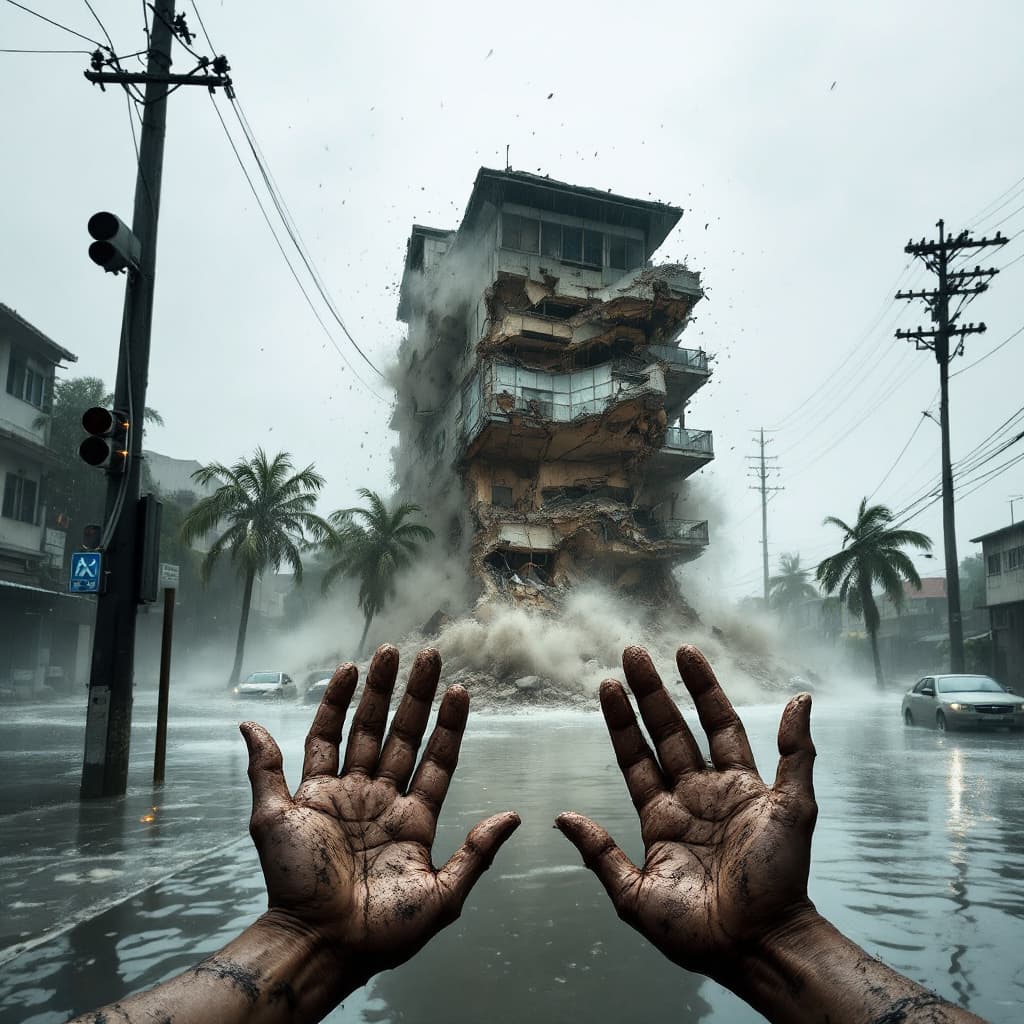 AI generated: First-person POV standing in a flooded street during the 2004 tsunami. The character’s dirt-covered ...
