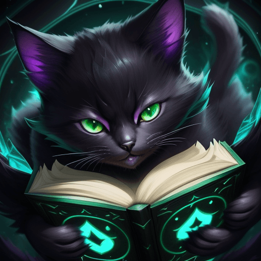 AI generated: League of Legends, Yuumi smirking cat on a large, open, floating spell book, black fur with deep pur...