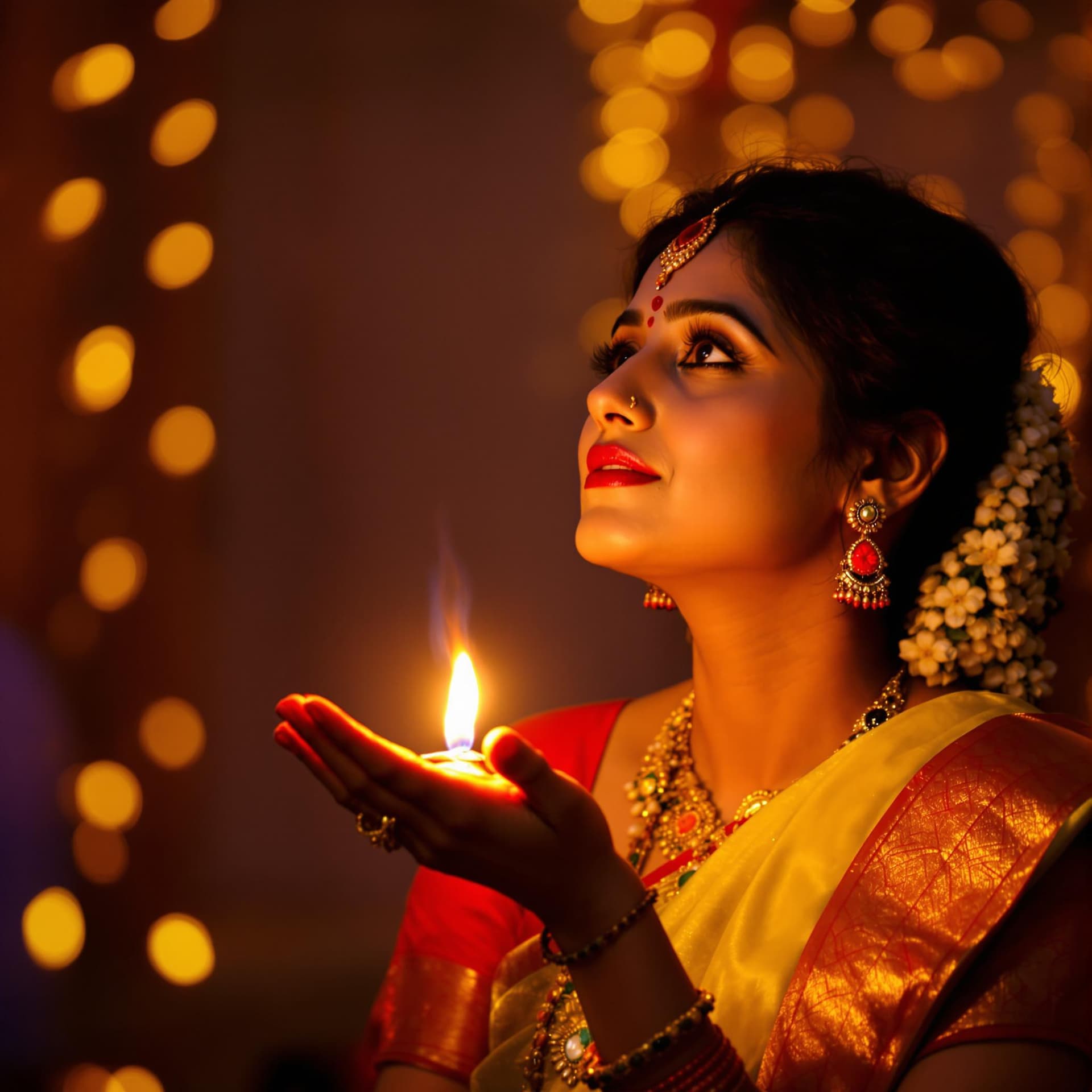 AI generated: The image features a woman in traditional Indian attire, immersed in a moment of tranquility and spi...