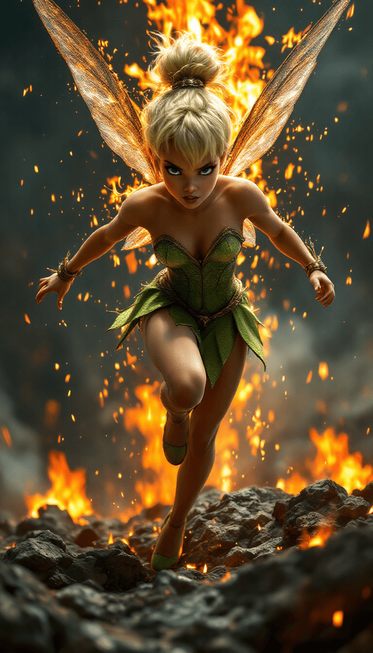 AI generated: Envision a fully body portrait of  tinker bell flying upward  as   super hero rising from the ashes,...