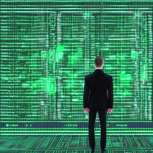 AI generated: A back of a programmer standing in front of AI technologies looking at the matrix code data hologram...