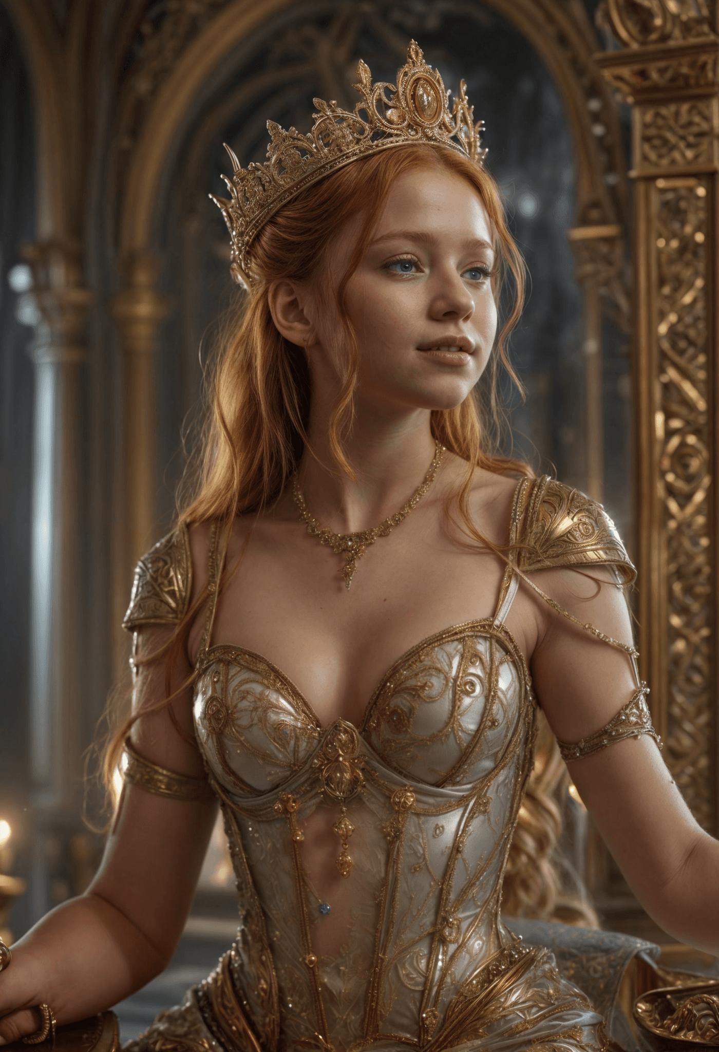 AI generated: Fantasy little ginger haired princess of  love and harmony on a glass,golden and silver throne, epic...