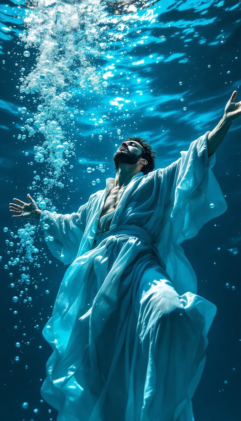 AI generated: A surreal underwater scene, with a young man in a flowing Sufi robe slowly sinking into glowing blue...