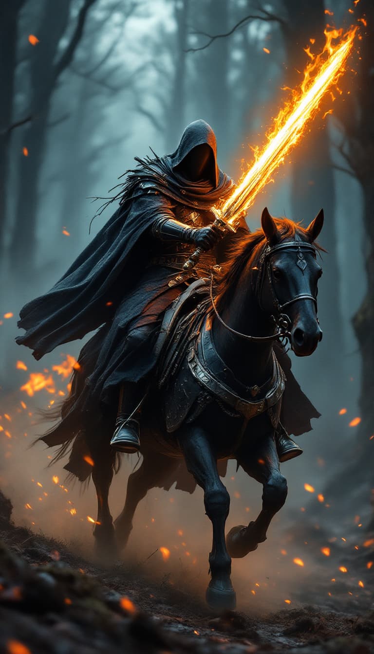 AI generated: In a breathtaking 8K wallpaper, a stunning medieval black wooded rebel knight cybernetic mage with c...
