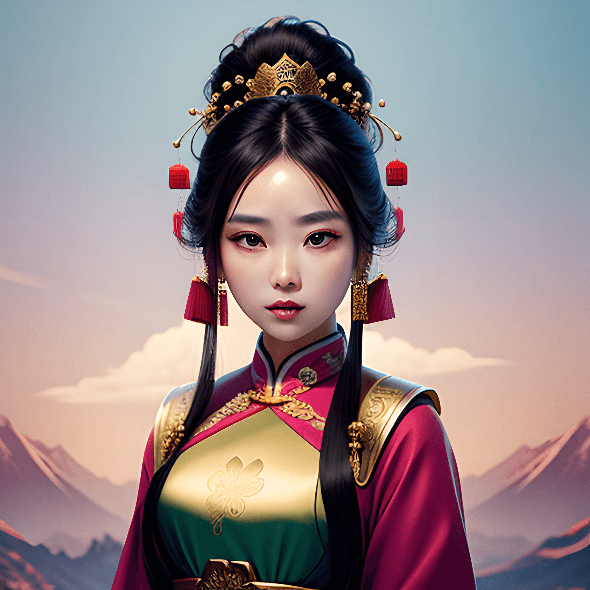 AI generated: chinese, wuxia, princess, cute, royal clothing, heavy makeups, jewelries, drybrush, negative space