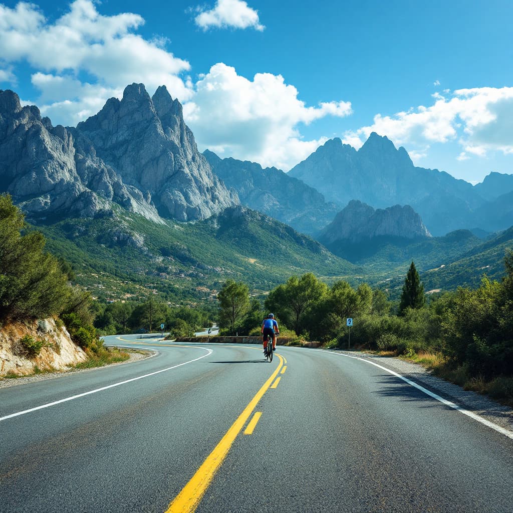 AI generated: Male, road cyclist, solo, empty road, Sa Calobra mountain ascent, lush mountain peaks, score_9
