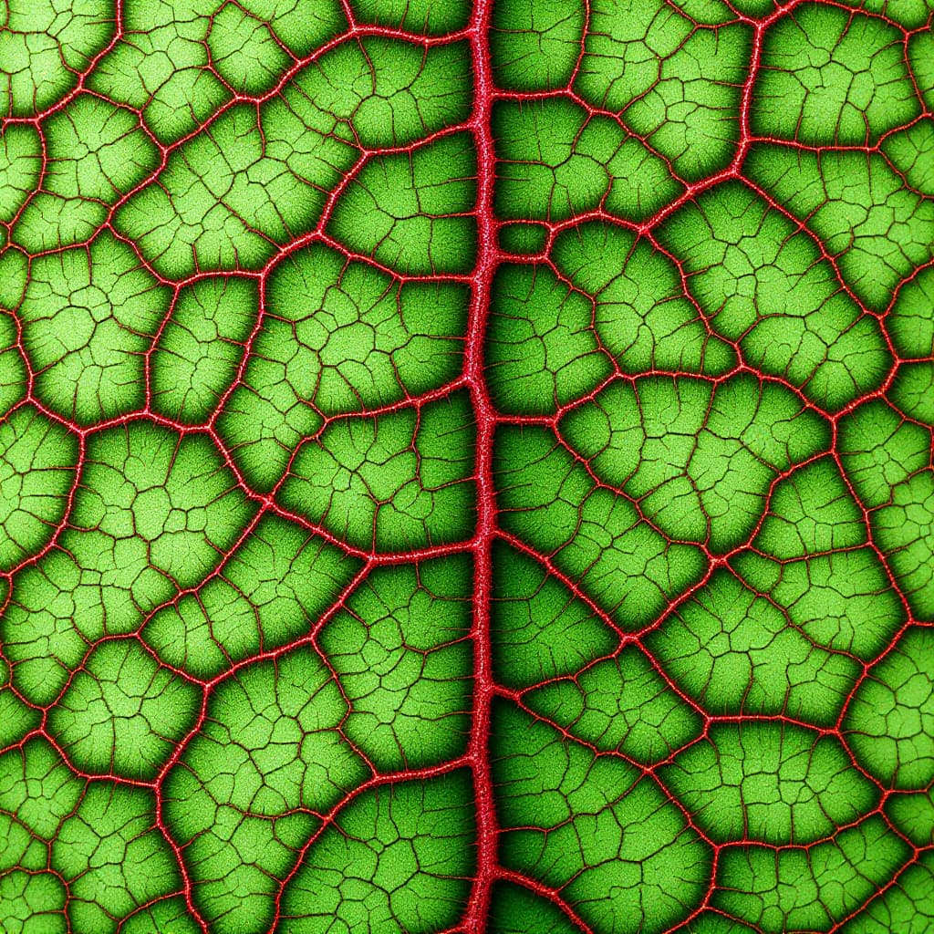 AI generated: A highly detailed close-up of a Green leaf with prominent, raised red veins spreading across its sur...