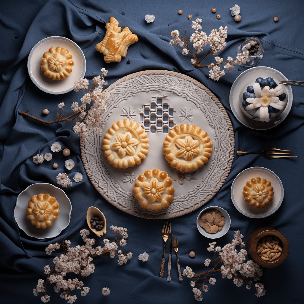 AI generated: knolling photography of chinese pastries,exquisite pastry shape,osmanthus decoration,peach blossom d...