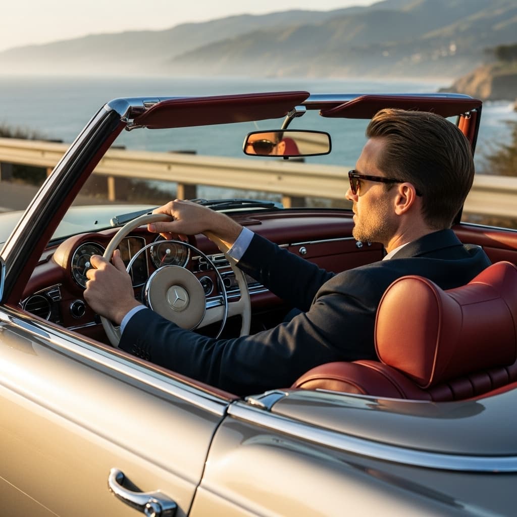 AI generated: A man in a convertible Mercedes. Professional photography, bokeh, natural lighting, Canon lens, shot...