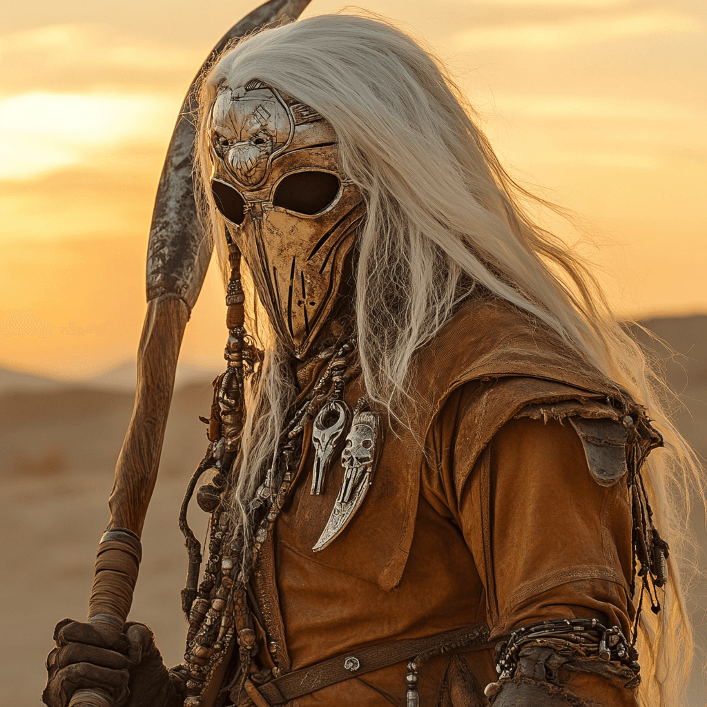 AI generated: A Sand People mask, holding an ancient scythe in the desert at sunset, in the style of John Blanche ...