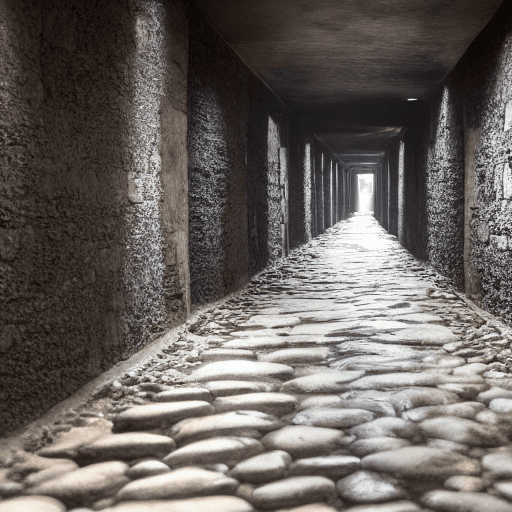 AI generated: The dark hallway, made entirely of stone, stretches into a black void. The dripping of water is hear...