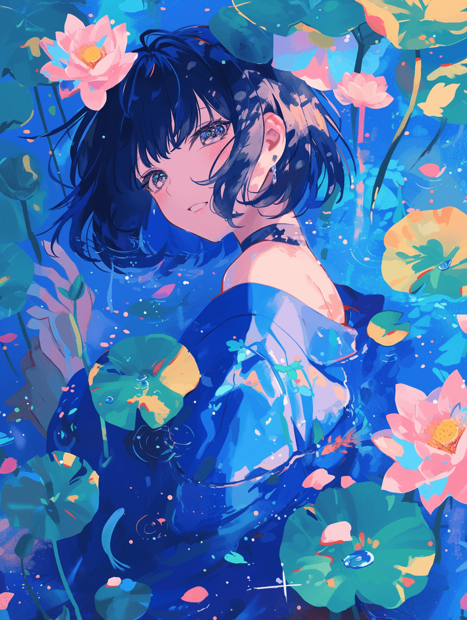 AI generated: shorthaired anime girl, wearing a blue dress, with lotus flowers and water lilies around, shot from ...