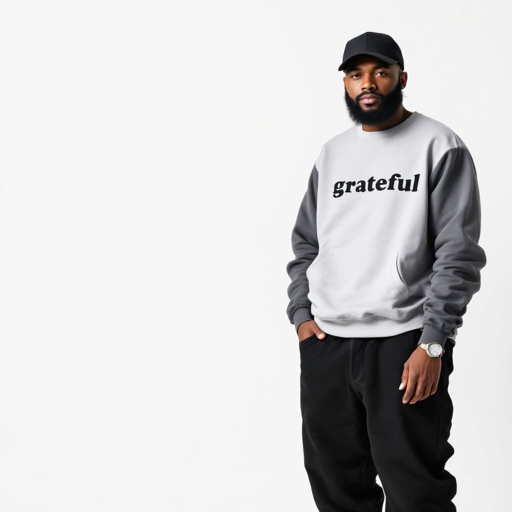 AI generated: A black African man of age 35 putting on a black baggy jean without a lower pocket with a white swea...