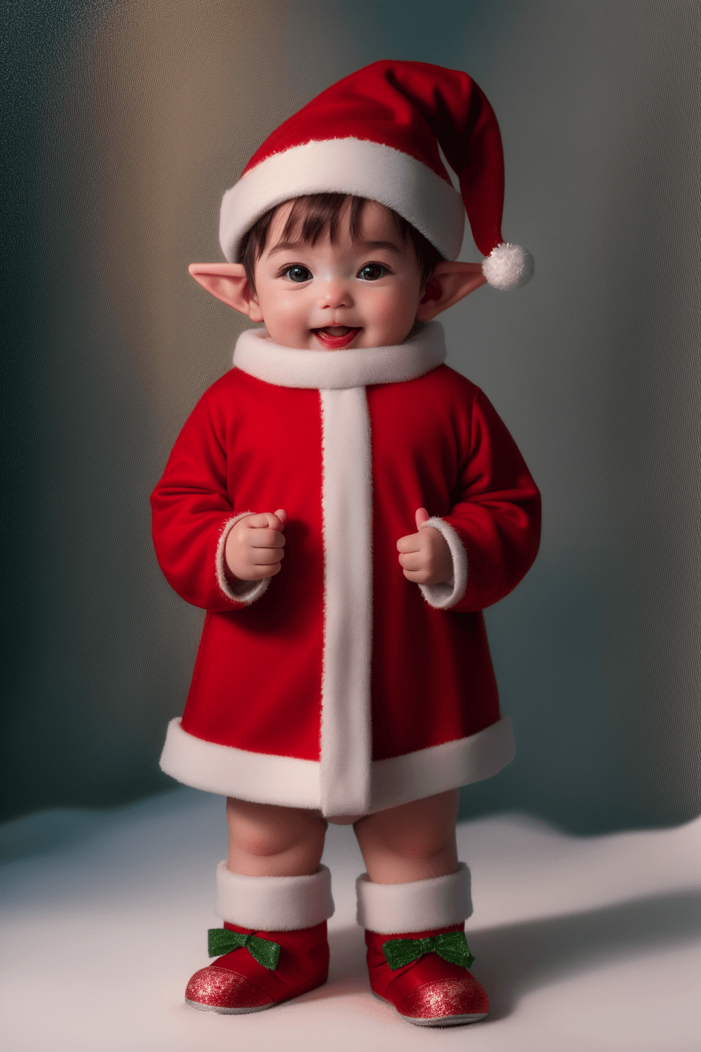 AI generated: The image features a baby dressed as Santa, but with a Elf. He is standing in front a decorated xmas...