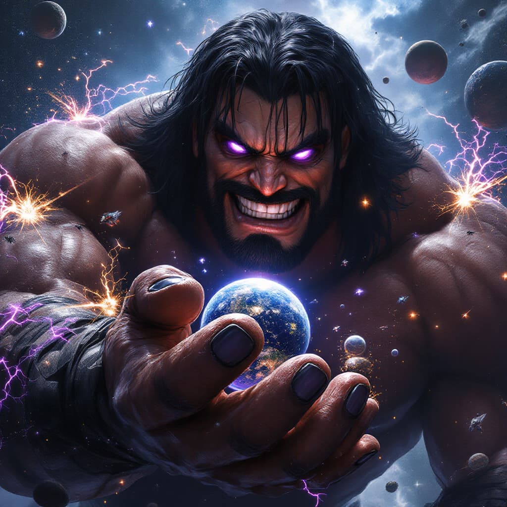 AI generated: Enormous muscular giant man who resembles a WWE superstar, with black medium-length hair and straigh...