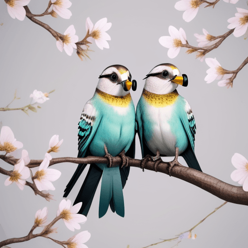 AI generated: birds wearing headphones perched on a tree branch with many flowers and leaves, spring, hd