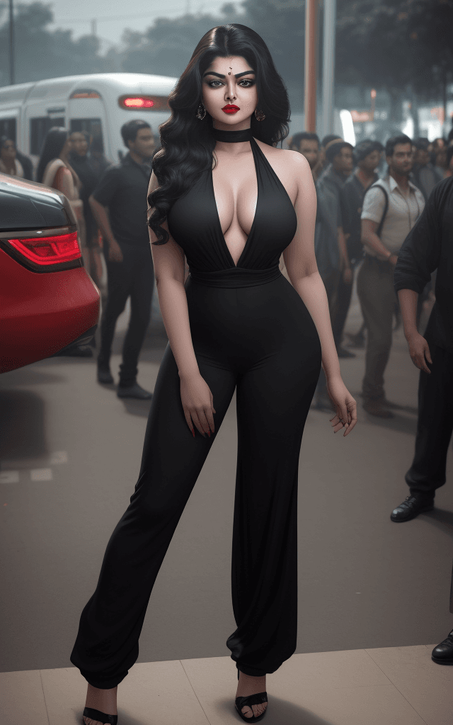 AI generated: Full body view, young lady look-alike actress Mamta Kulkarni, near a metro station, traffic is there...