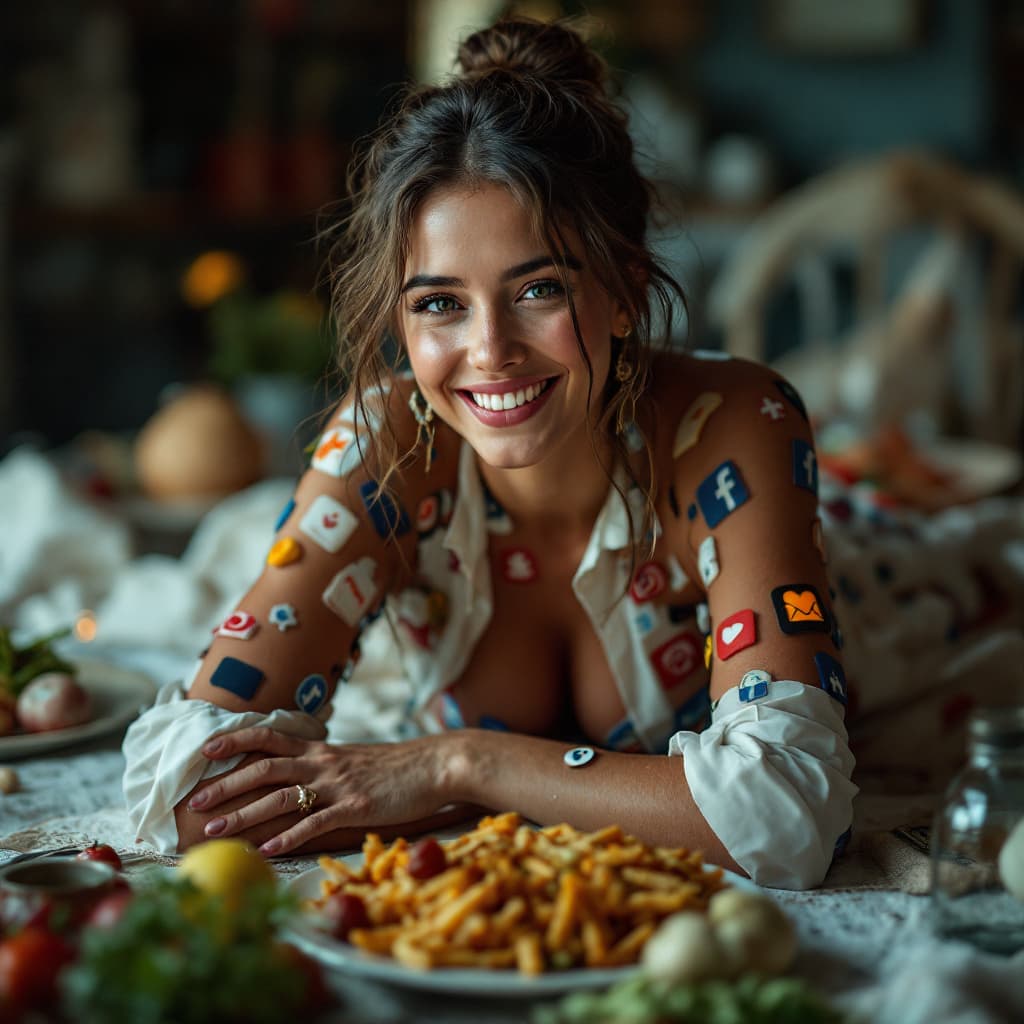 AI generated: Cuisine, A smiling woman wears a dress made of icons of 'instegram,tiktok,facebook' as she lays on a...