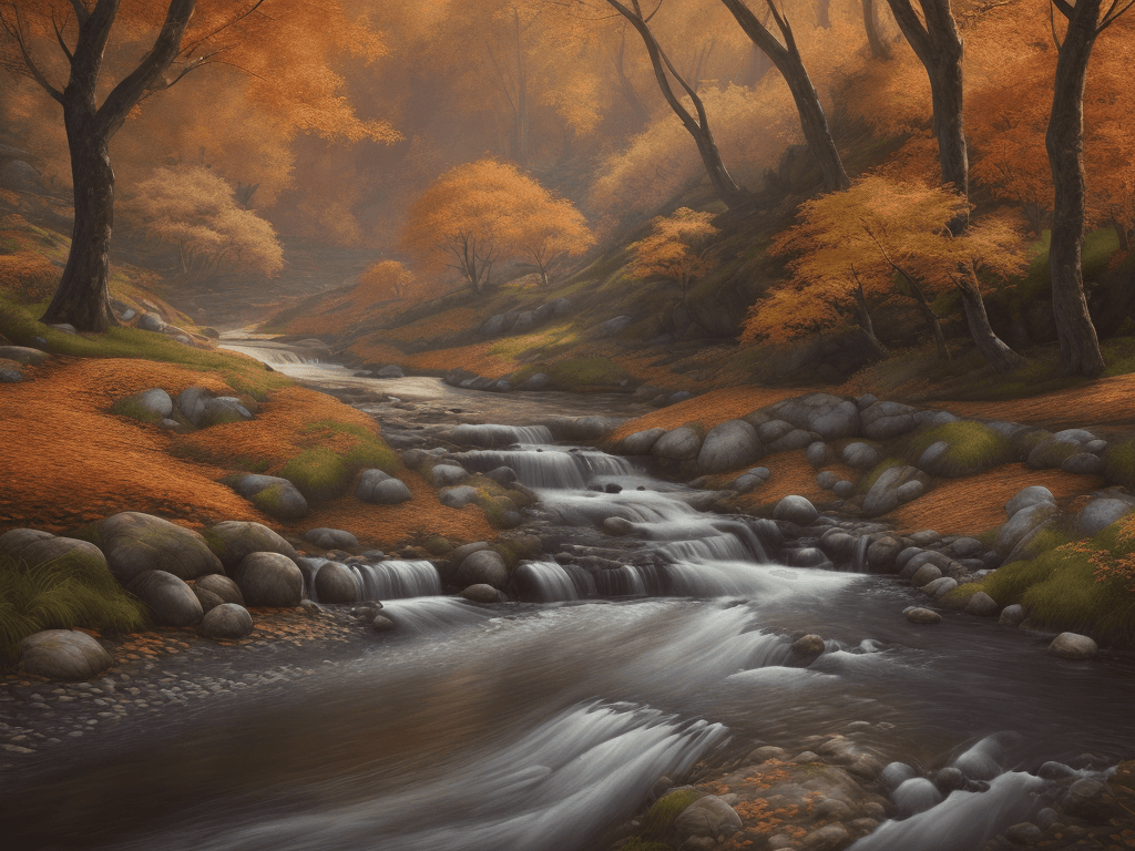 AI generated: photorealistic oil on canvas, 
small hills, flowing river, trees,
beautiful setting, fall,
Foregroun...