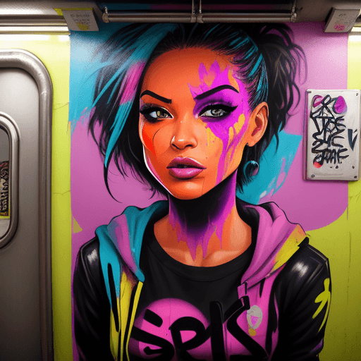 AI generated: Woman is painted in (bold graffiti:1.2) (spray paint:1.3) art. The subway train bursts ((bold stroke...