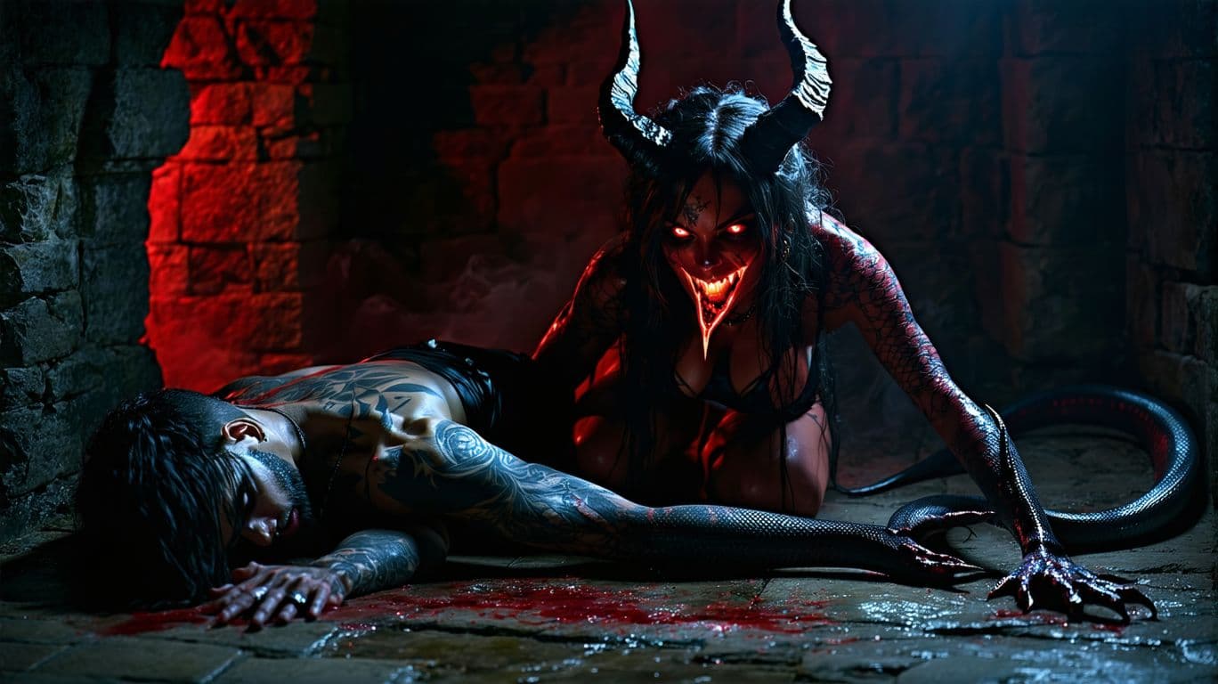 AI generated: A dominant Athletic female demon (Succubus), red skin, Black latex bikini, glowing red eyes, black s...
