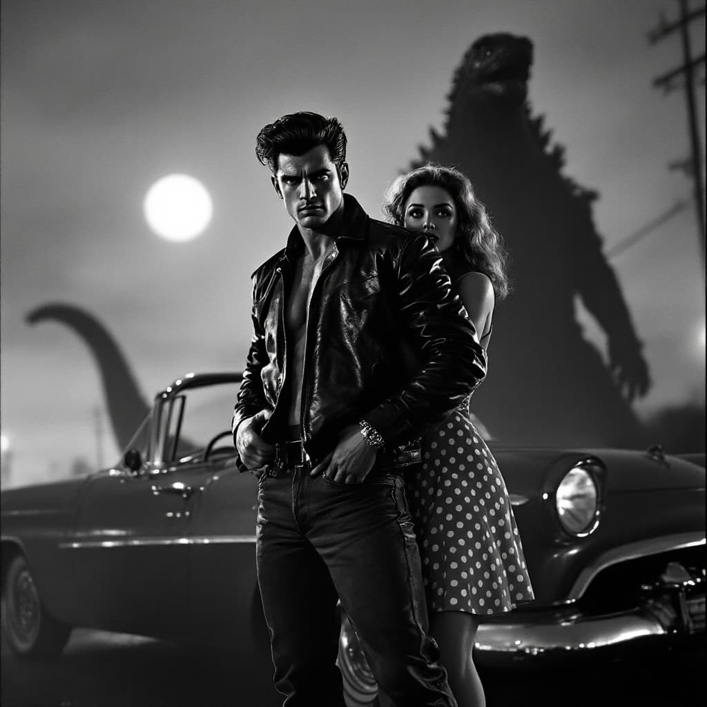 AI generated: "Depict a dramatic black-and-white 1950s action movie scene, photographed in the style of vintage fi...