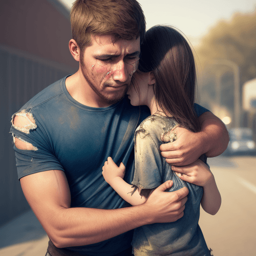 AI generated: Guy comforting a crying injured girl with torn clothes in his arms