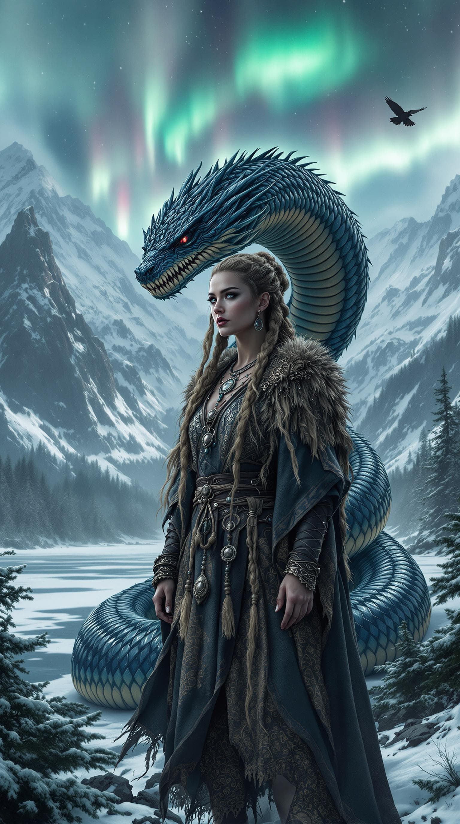 AI generated: full body shot, hyper-realistic, A beautiful ancient Norse woman stands tall and proud, her striking...