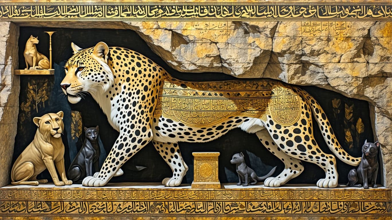 AI generated: "Persian king Kayumars coronation, (intricate leopard pelt with black-gold geometric patterns:1.4), ...