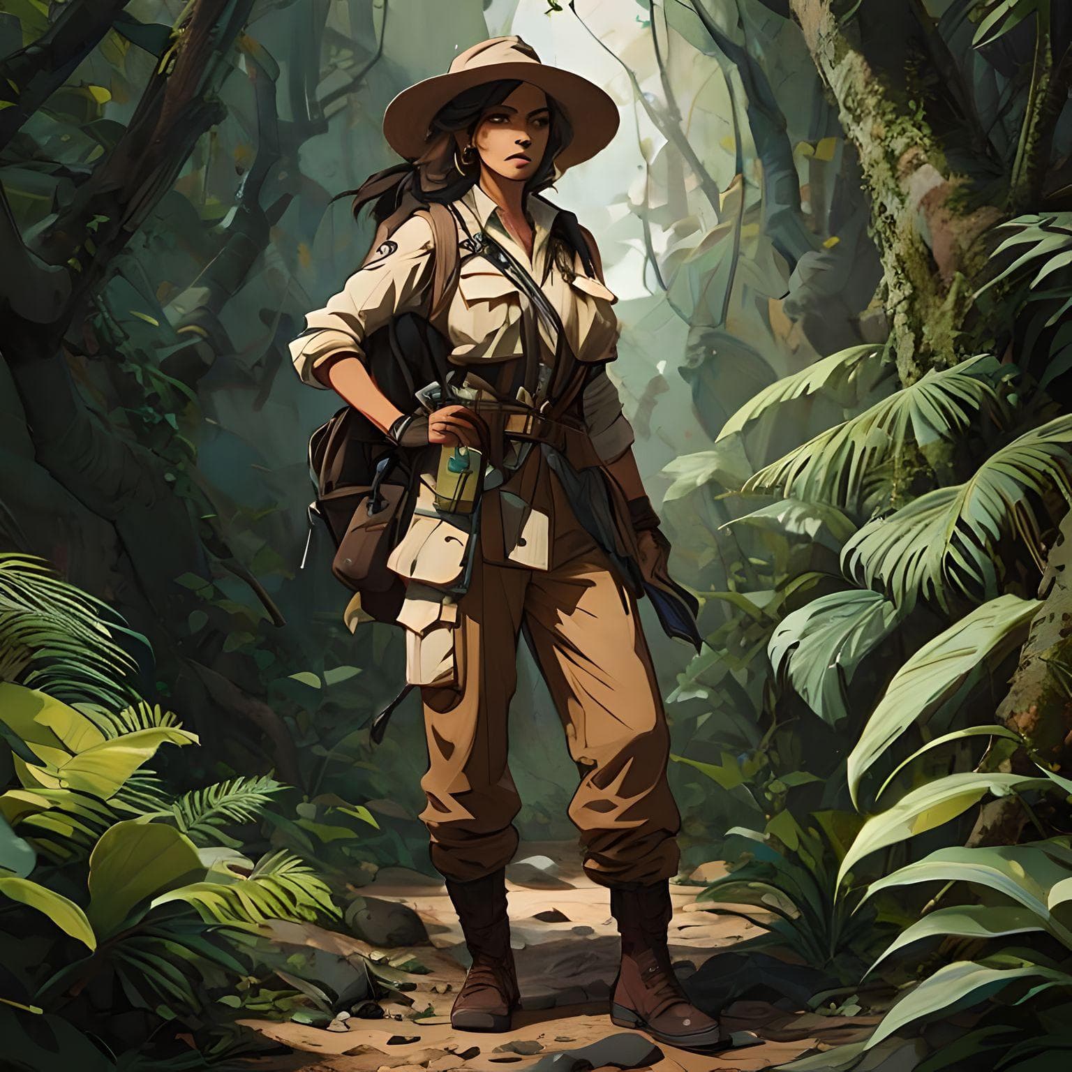 AI generated: a woman standing in the middle of a jungle, concept art, inspired by Rudy Siswanto, sumatraism, fema...