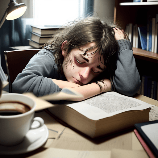 AI generated: Create an image of a student in their study space who looks exhausted and sleep-deprived, with visib...