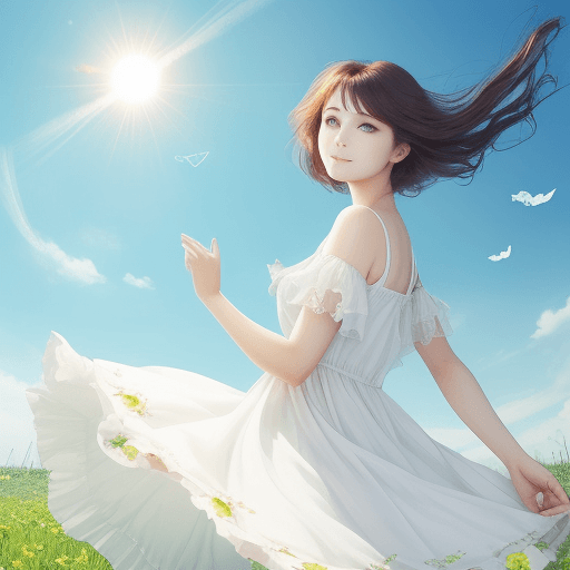 AI generated: A woman with lovely eyes is looking at the sky. Wearing a fluttering dress, looking at the sun.
Give...
