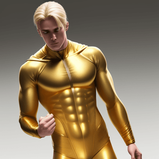 AI generated: male superhero named champion blond hair, skin tight gold suit without logo
