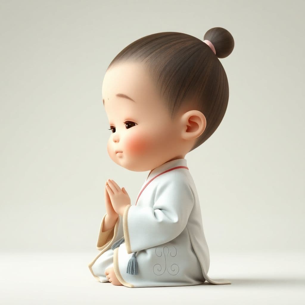 AI generated: whimsical Realistic of Pixar,Bryce 3D,side-view,a kawaii, chubby-cheeked Asian baby girl kneeling in...