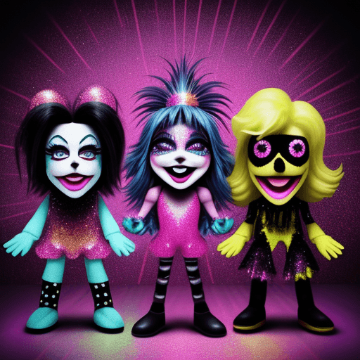 AI generated: puppets glam-rock, good vibes, toxic glitter, acid colors, epic background, volumetric light