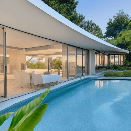 AI generated: Hyper realistic eye level exterior photo of a mid century modern style house overlooking the ocean, ...