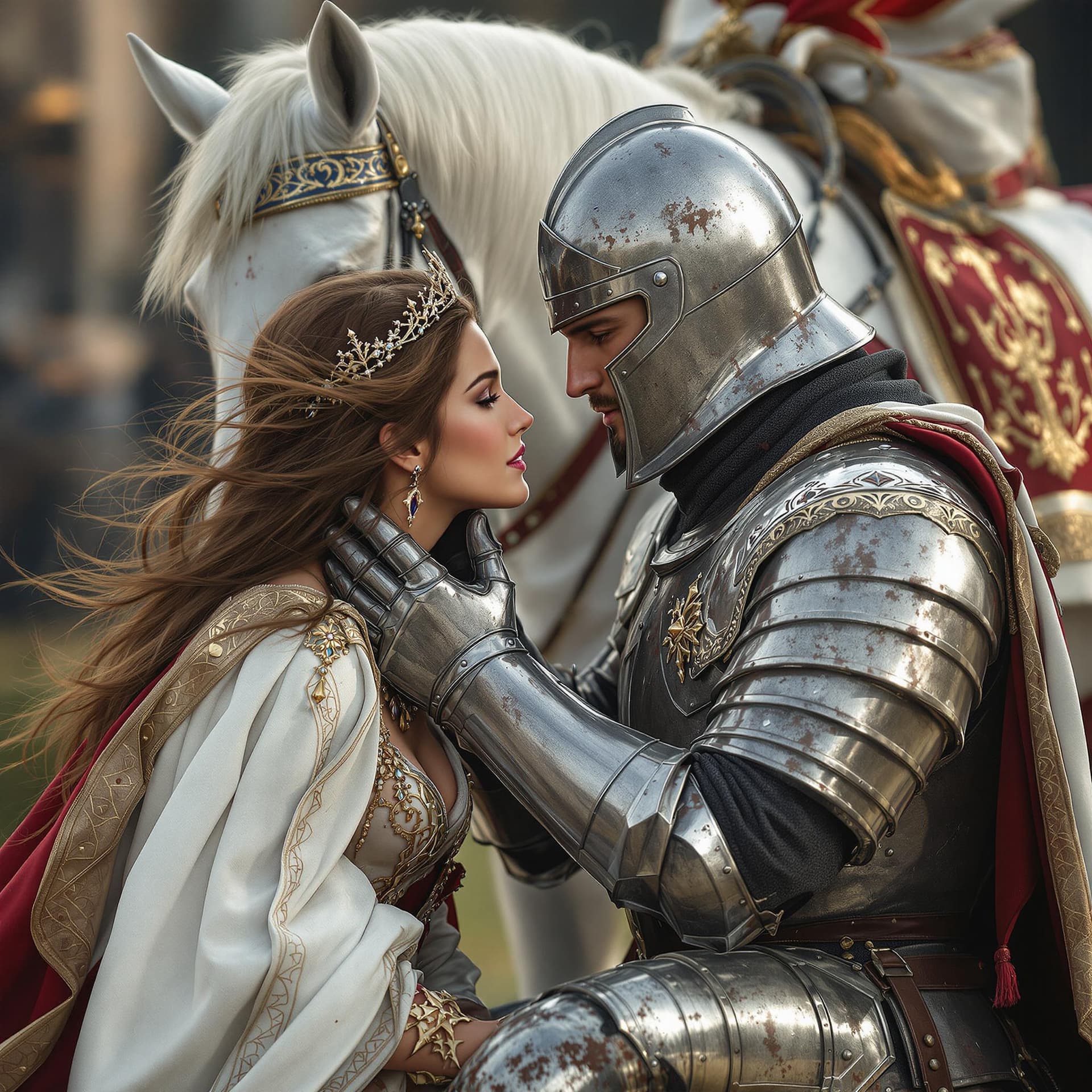 AI generated: An ultra-realistic, zoomed out,  full-body portrait of a noble Knight in battle damaged silver armor...