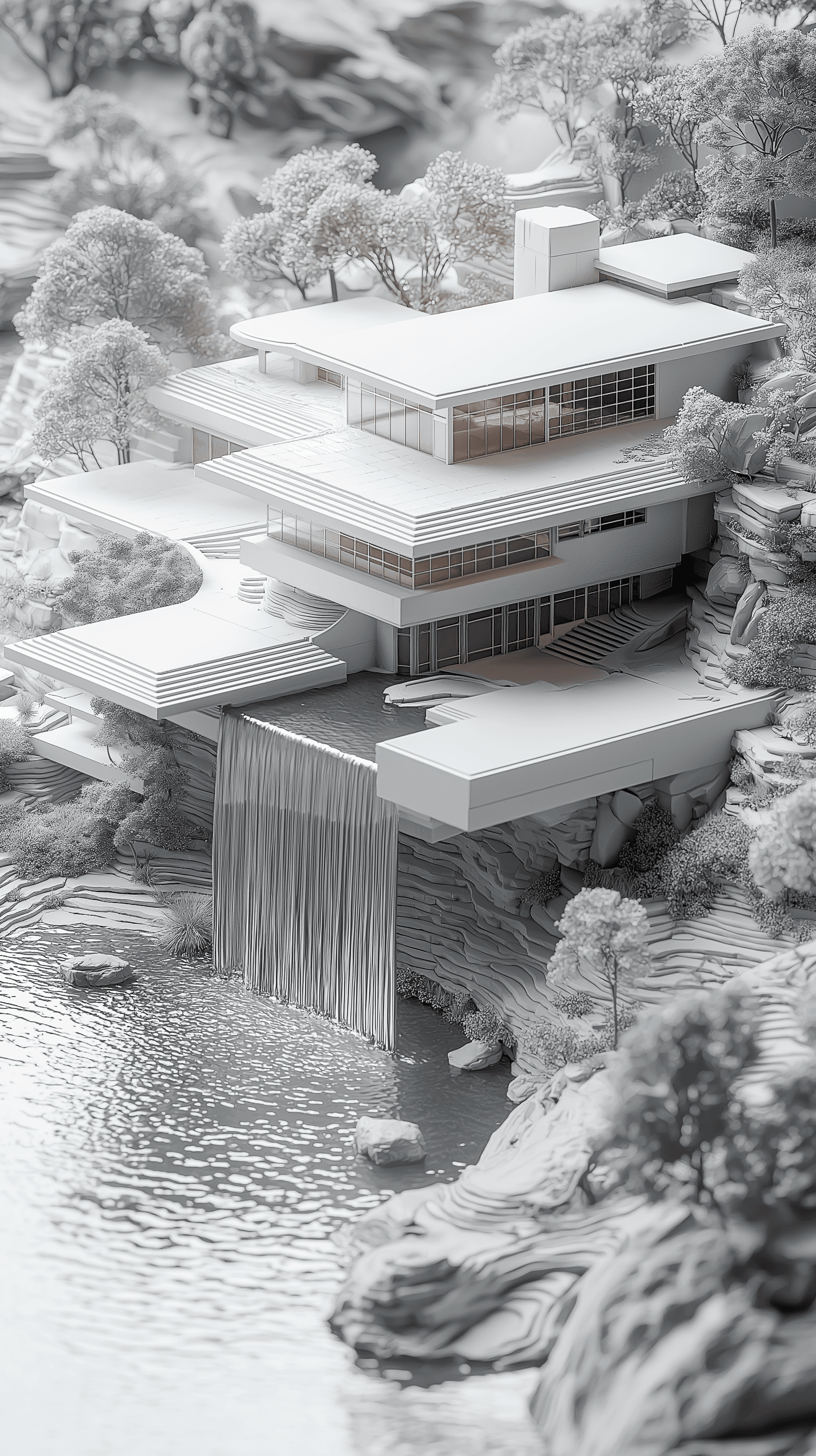 AI generated: 3d modeling, isometric, iconic architecture, Frank Lloyd Wright's Waterfall, white hue, solid white ...