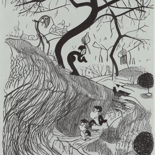 AI generated: celebratory mysterious kid's park : : not scary : : Tove jansson illustrations style