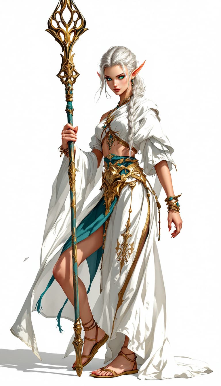 AI generated: A slender, female cleric projects a commanding presence, her elongated limbs and silvery, braided ha...