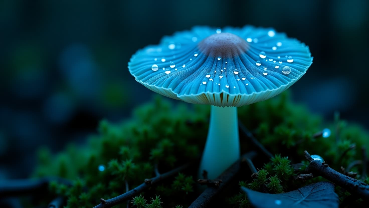 AI generated: A majestic, bioluminescent mushroom, its delicate cap a vibrant shade of ethereal blue, radiates a s...