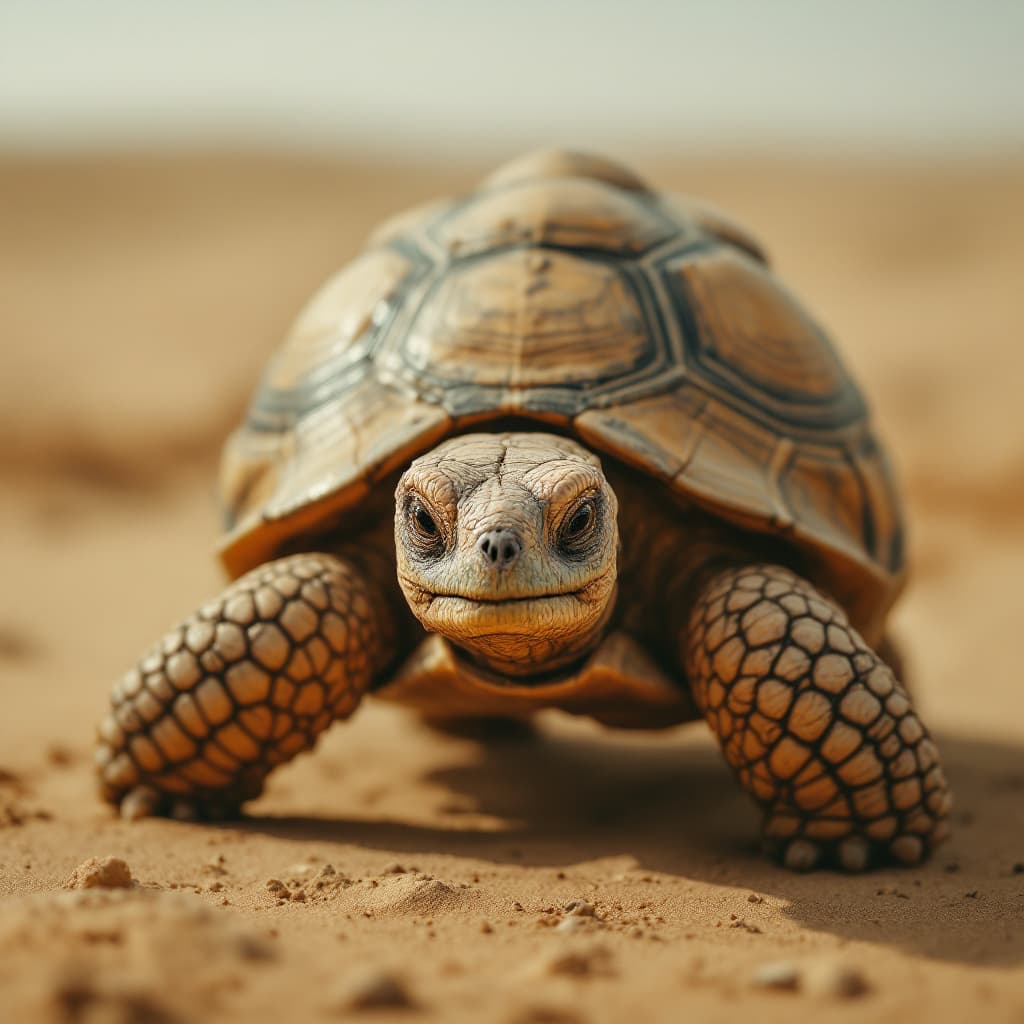 AI generated: An old sad tortoise walking slowly in a desert of high-resolution image in a portrait background