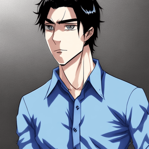 AI generated: A man,white skin,black hair,blue eyes,black shirt and jeans,shoked,looking left, in manwha style