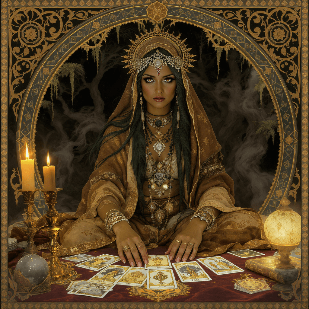 AI generated: Intricate Art Nouveau tableau in the style of Alphonse Mucha: The Tarot Reader of the Gypsy: An enig...