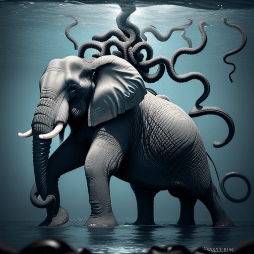 AI generated: An elephant with a strong, massive body, but instead of legs, it has eight tentacles covered in smal...
