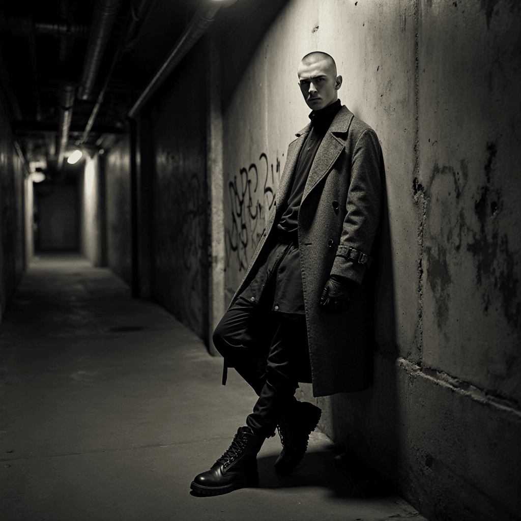 AI generated: Ultra-realistic cinematic photo of a male model with a buzz cut and intense expression, leaning casu...