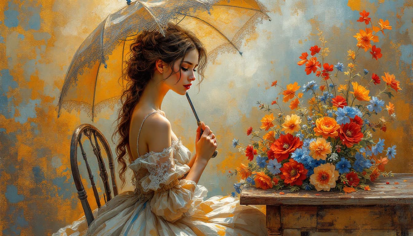 AI generated: Create a romantic, impressionist-style artwork featuring a vintage woman with delicate features, hol...