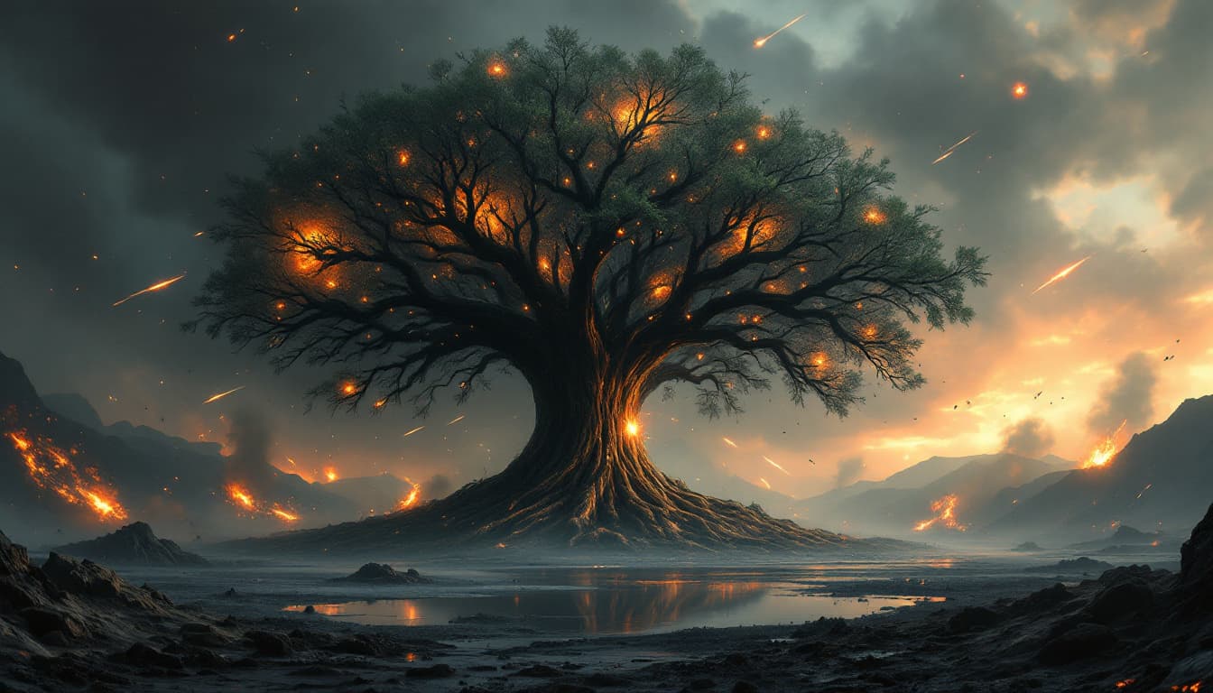 AI generated: A surreal, apocalyptic war scene featuring a massive tree shaped like human kedney at the center, it...