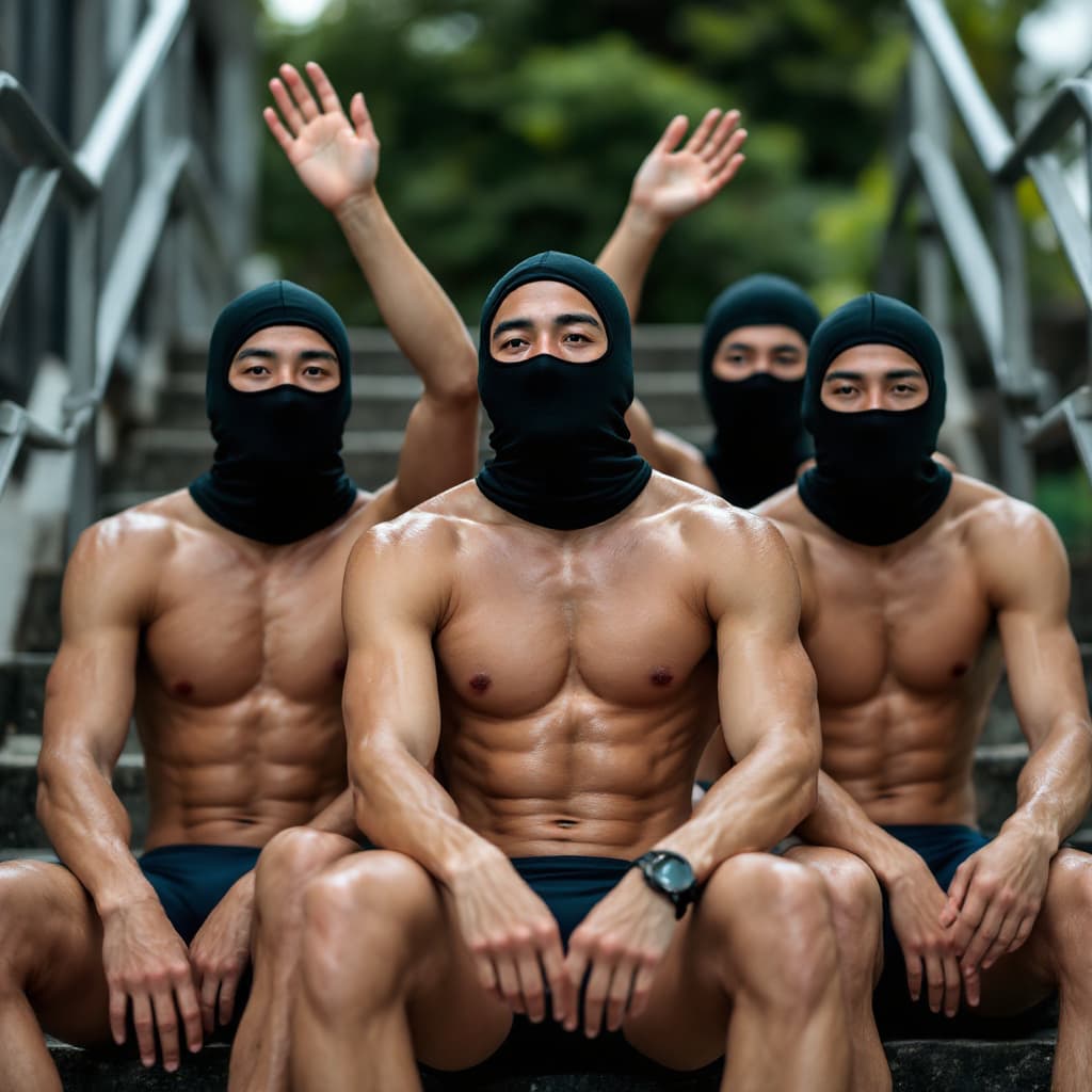 AI generated: Five male Asian Chinese handsome tanned muscular swimmers wearing compressive swimming jammer shorts...