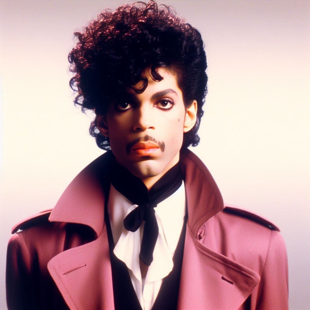 AI generated: vhs portrait shot of prince on stage 1981, wearing a dark pink trenchcoat, white undershirt, black s...